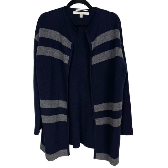 Nordstrom Collection Small S Navy Blue Gray Cashmere Stripe Open Front Cardigan - Picture 1 of 8